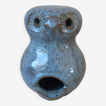 Owl figurine in blue sandstone ceramic, zoomorphic owl in vintage pottery