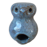 Owl figurine in blue sandstone ceramic, zoomorphic owl in vintage pottery