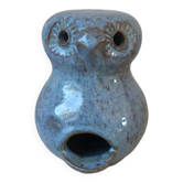 Owl figurine in blue sandstone ceramic, zoomorphic owl in vintage pottery