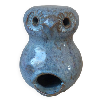 Owl figurine in blue sandstone ceramic, zoomorphic owl in vintage pottery