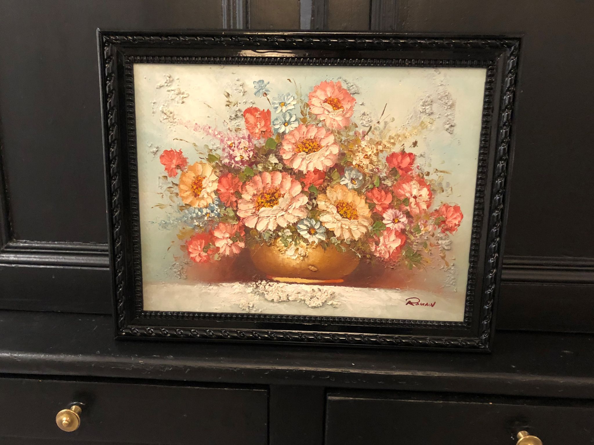 Ancient painting signed romain of a bouquet of flowers in a vase