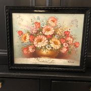 Ancient painting signed romain of a bouquet of flowers in a vase