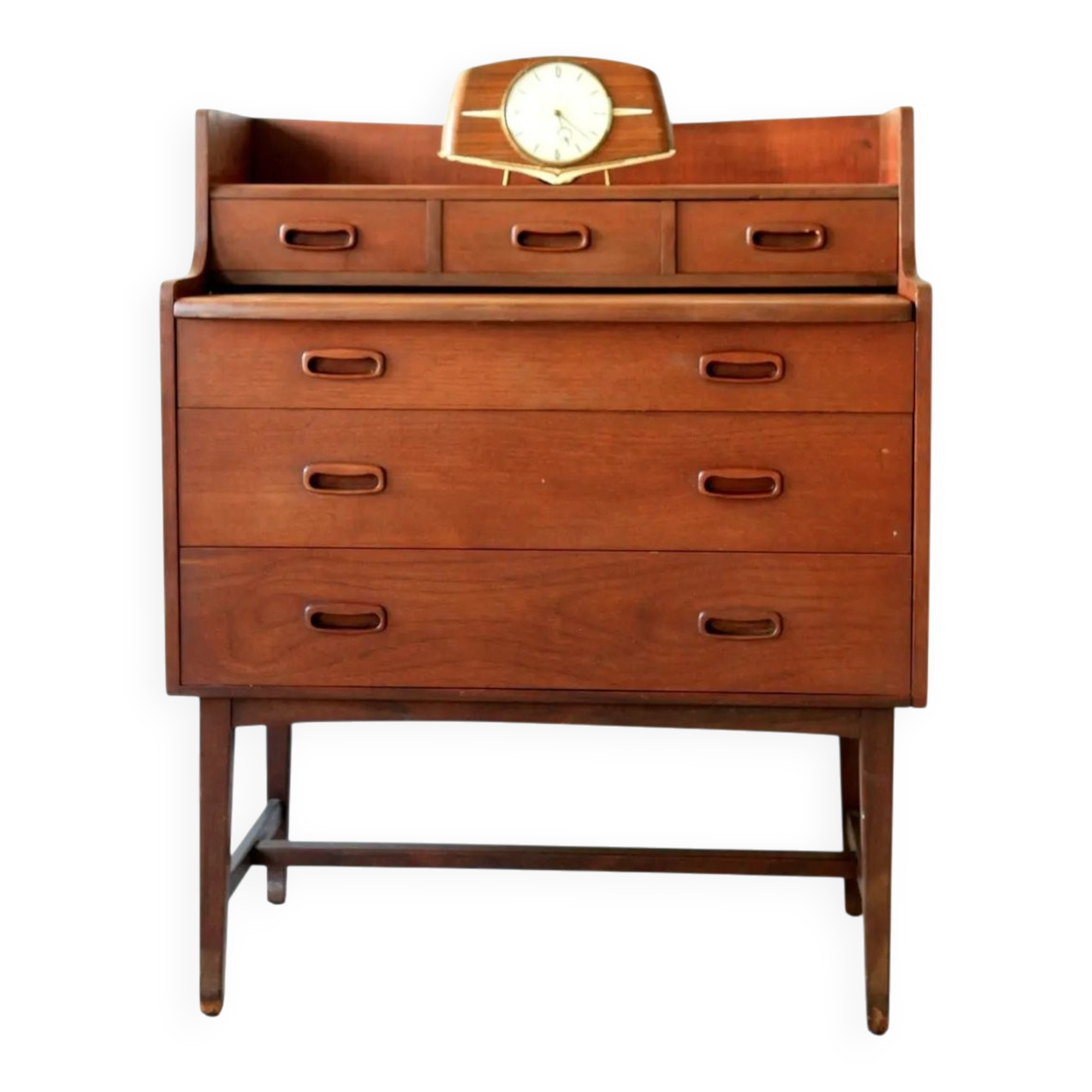 Mid-century teak dressing table in curved brown with sliding mirror and 6 drawers.