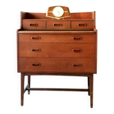 Mid-century teak dressing table in curved brown with sliding mirror and 6 drawers.