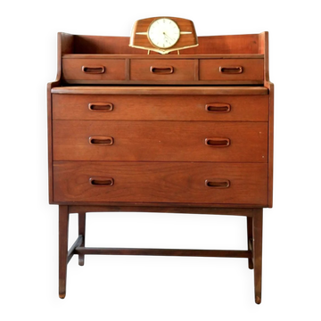 Coiffeuse mid-century en teck marron courbée avec miroir coulissant et 6 tiroirs