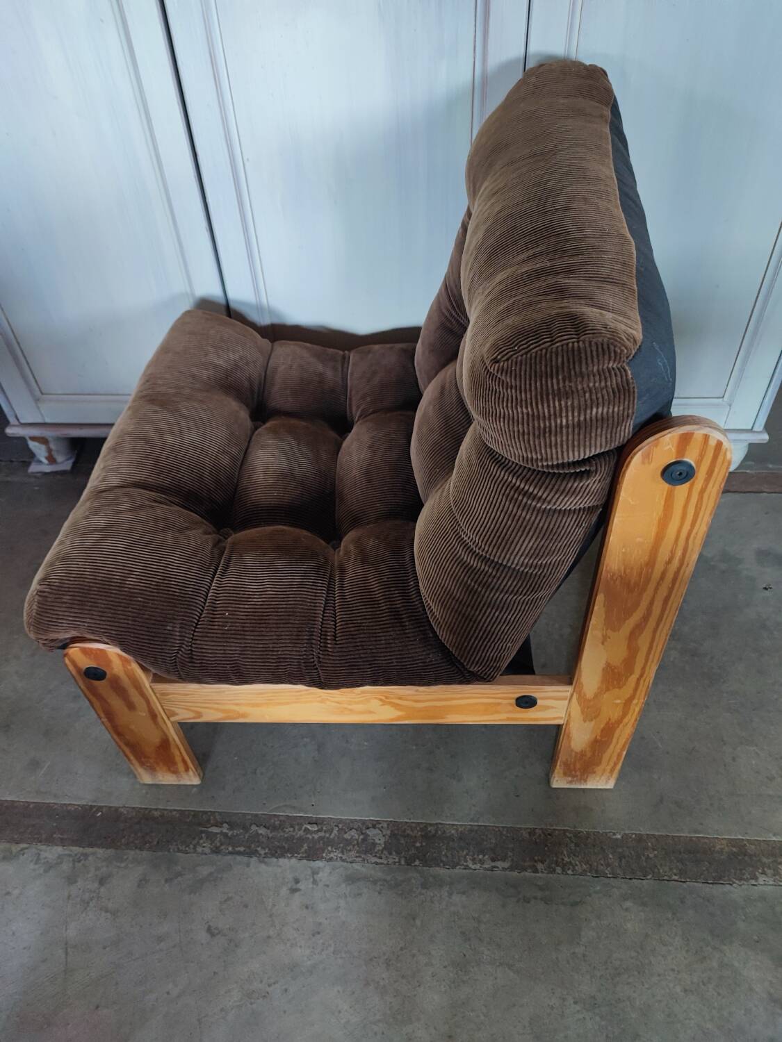 Small Scandinavian pine and velvet armchair