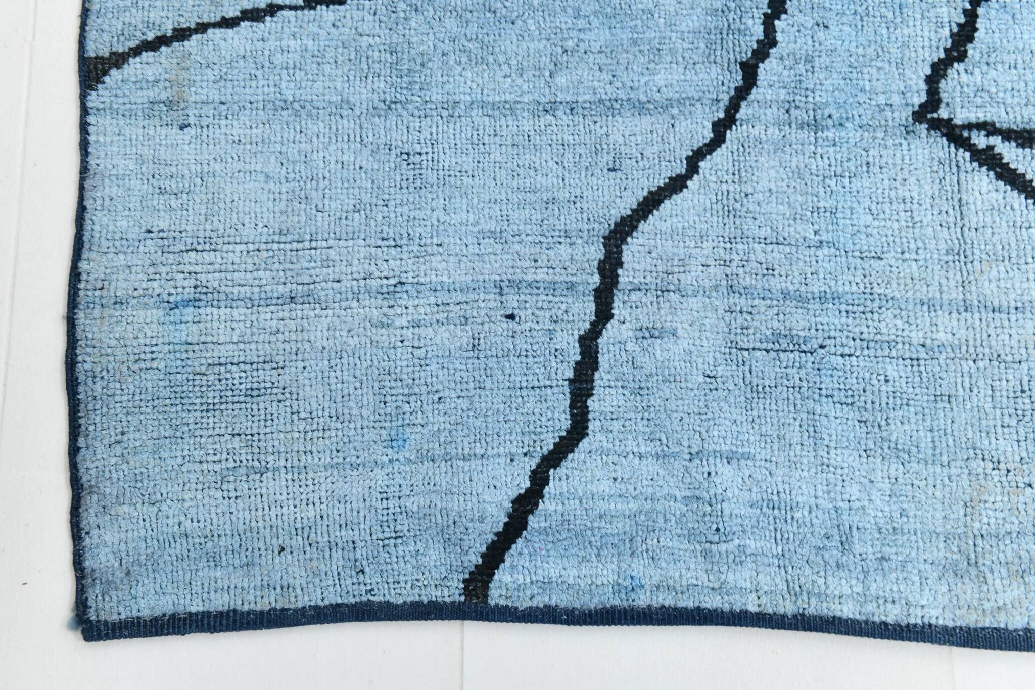 Sky Blue Wool Rug, Modern Handmade Designer Vintage Carpet, 213x281 Cm