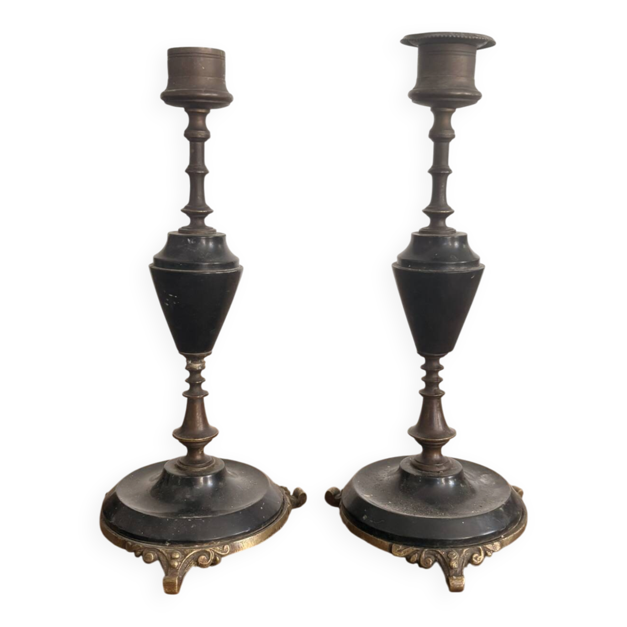 Pair of Antique Patinated Bronze and Brass Candle Holders Napoleon III Fireplace Garnish