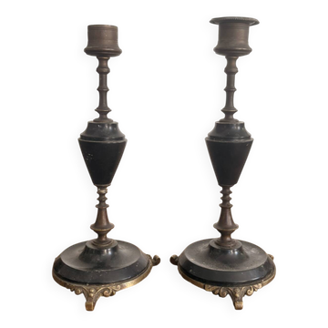 Pair of Antique Patinated Bronze and Brass Candle Holders Napoleon III Fireplace Garnish