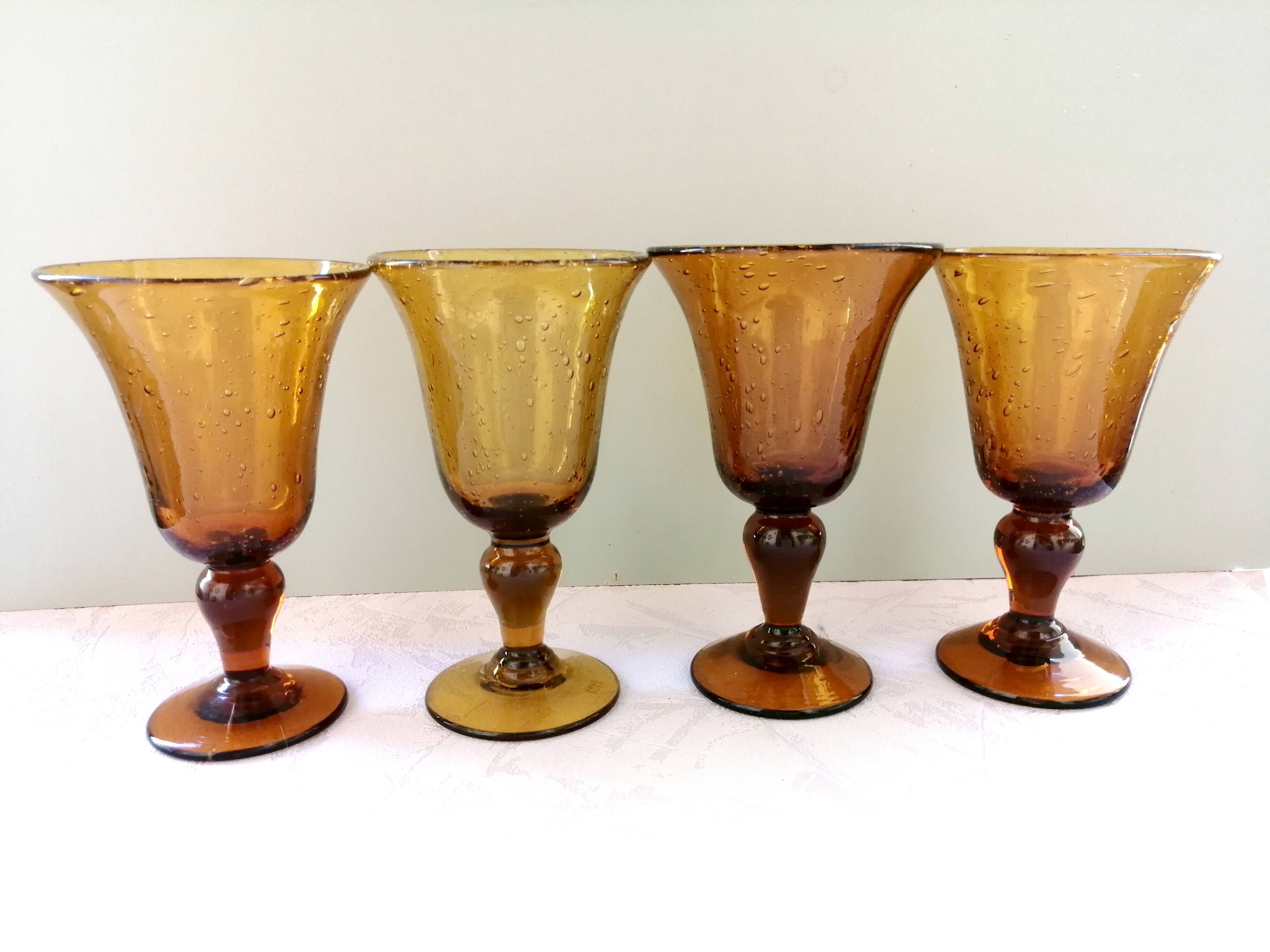 Biot engraved amber and bubbled water glasses, 70s