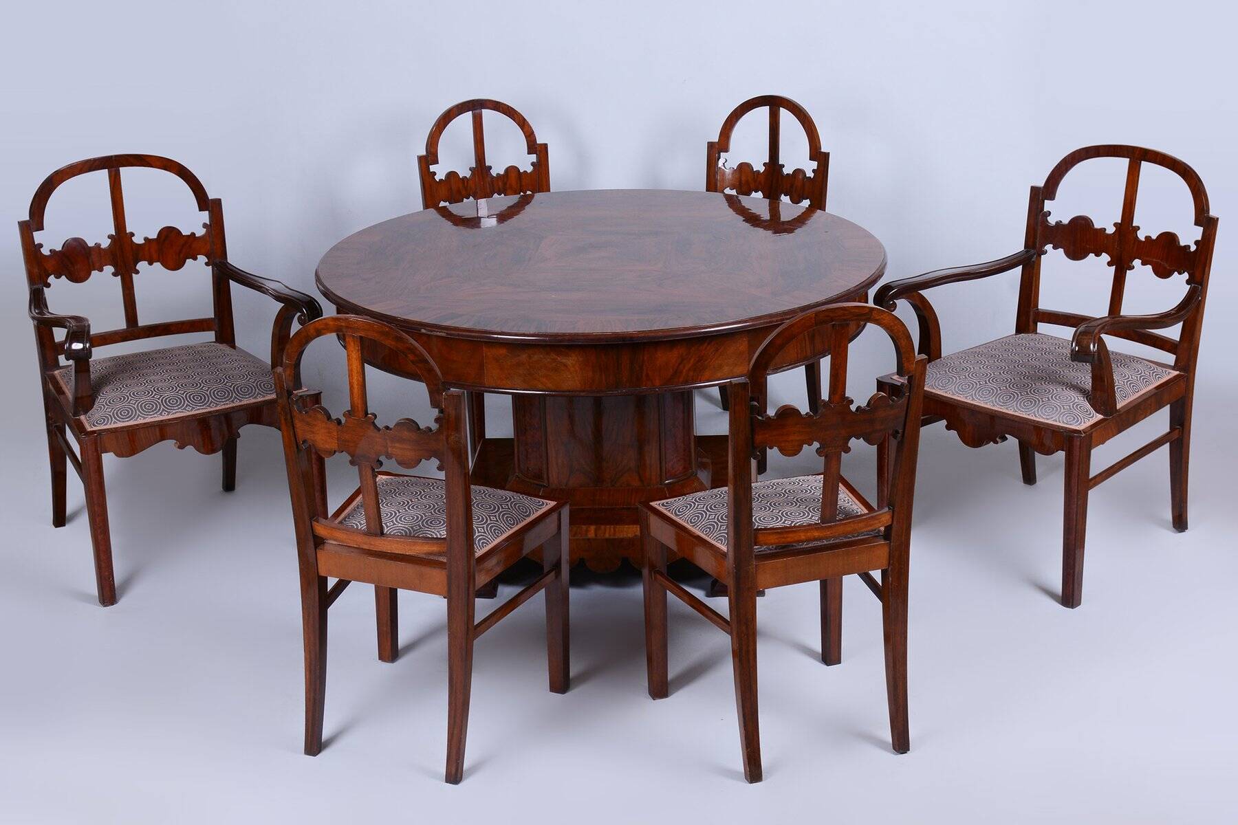 Art Deco Dinig Set in Caucasian Walnut, 1920s, Set of 7