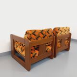 Pair of vintage walnut and velvet fabric sleigh armchairs from the 70s