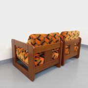 Pair of vintage walnut and velvet fabric sleigh armchairs from the 70s