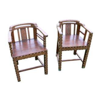 Pair of wooden armchairs and marquetry, india