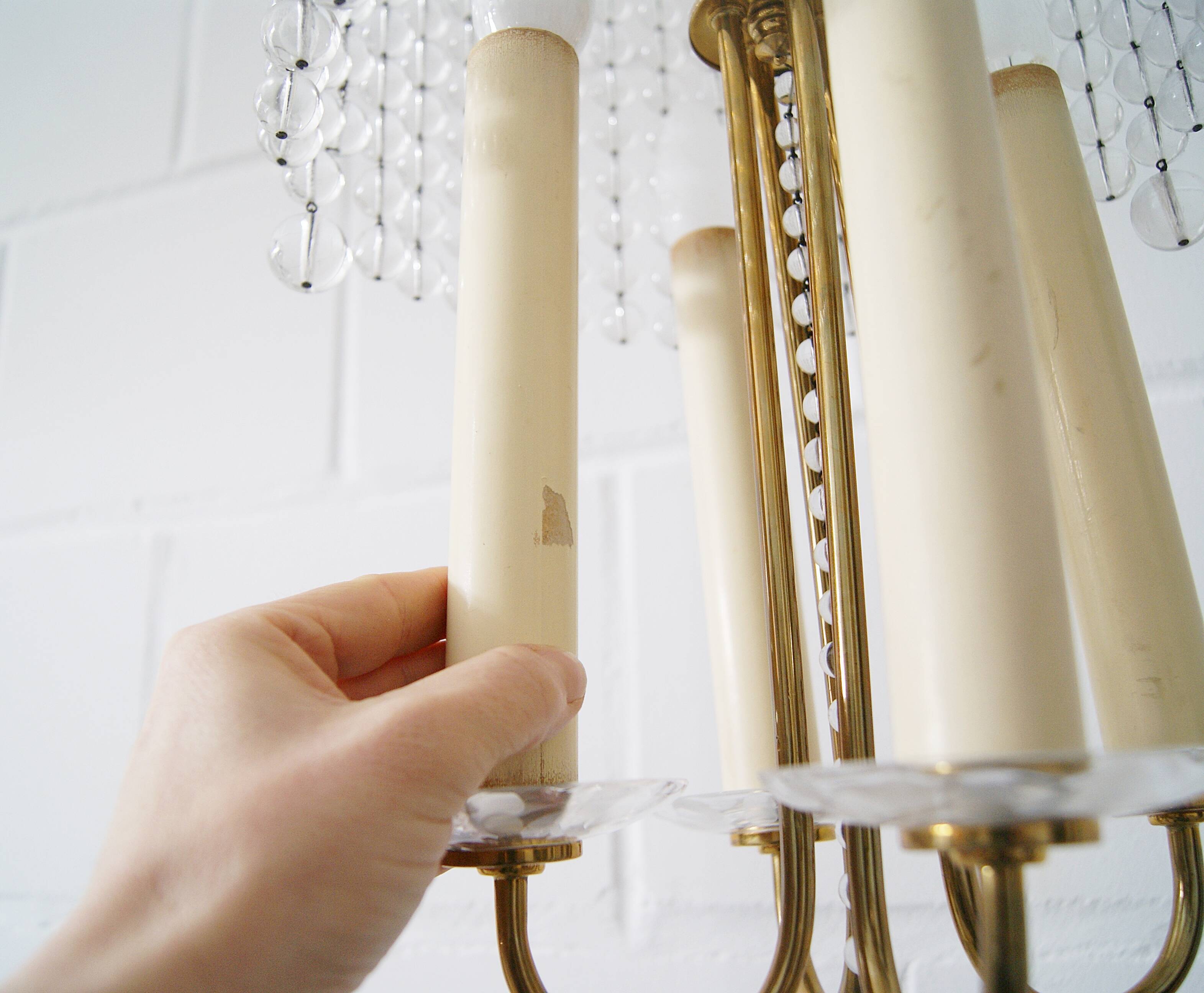 Chandelier antique four flames with glass beads, brass, boho lamp