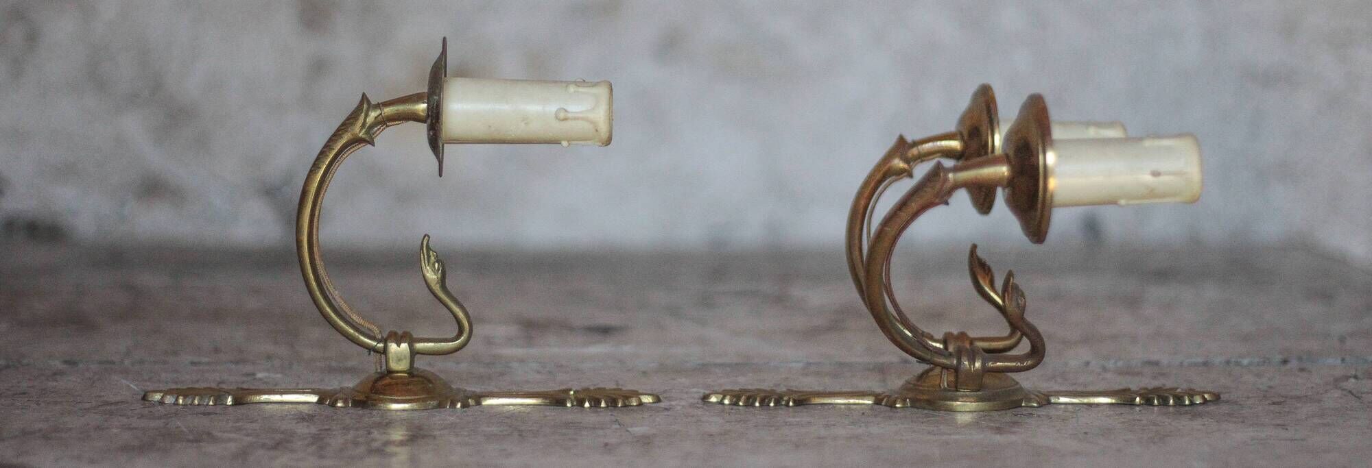 Pair of Empire style bronze wall lights, bronze wall light with palmette and swan neck.