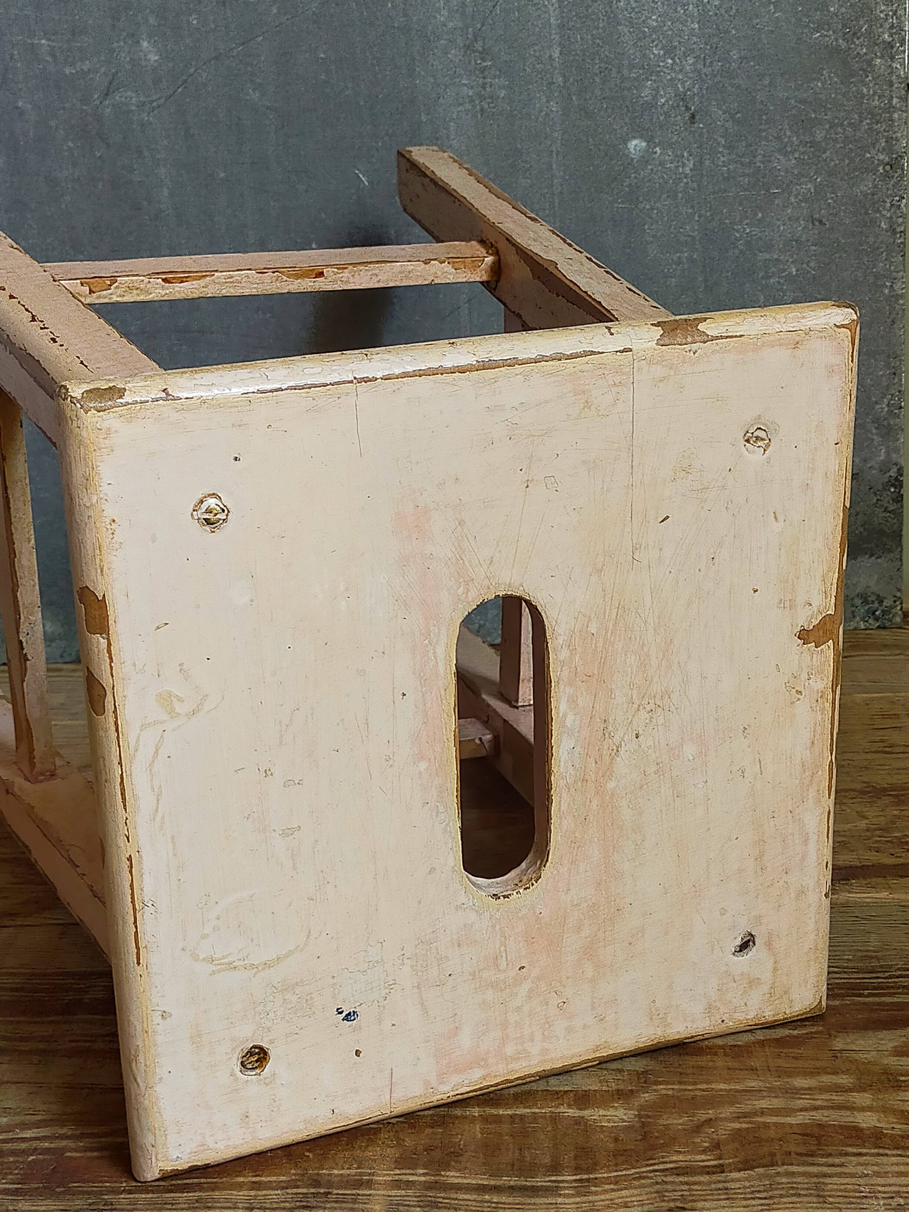 Antique workshop stool in patinated solid wood
