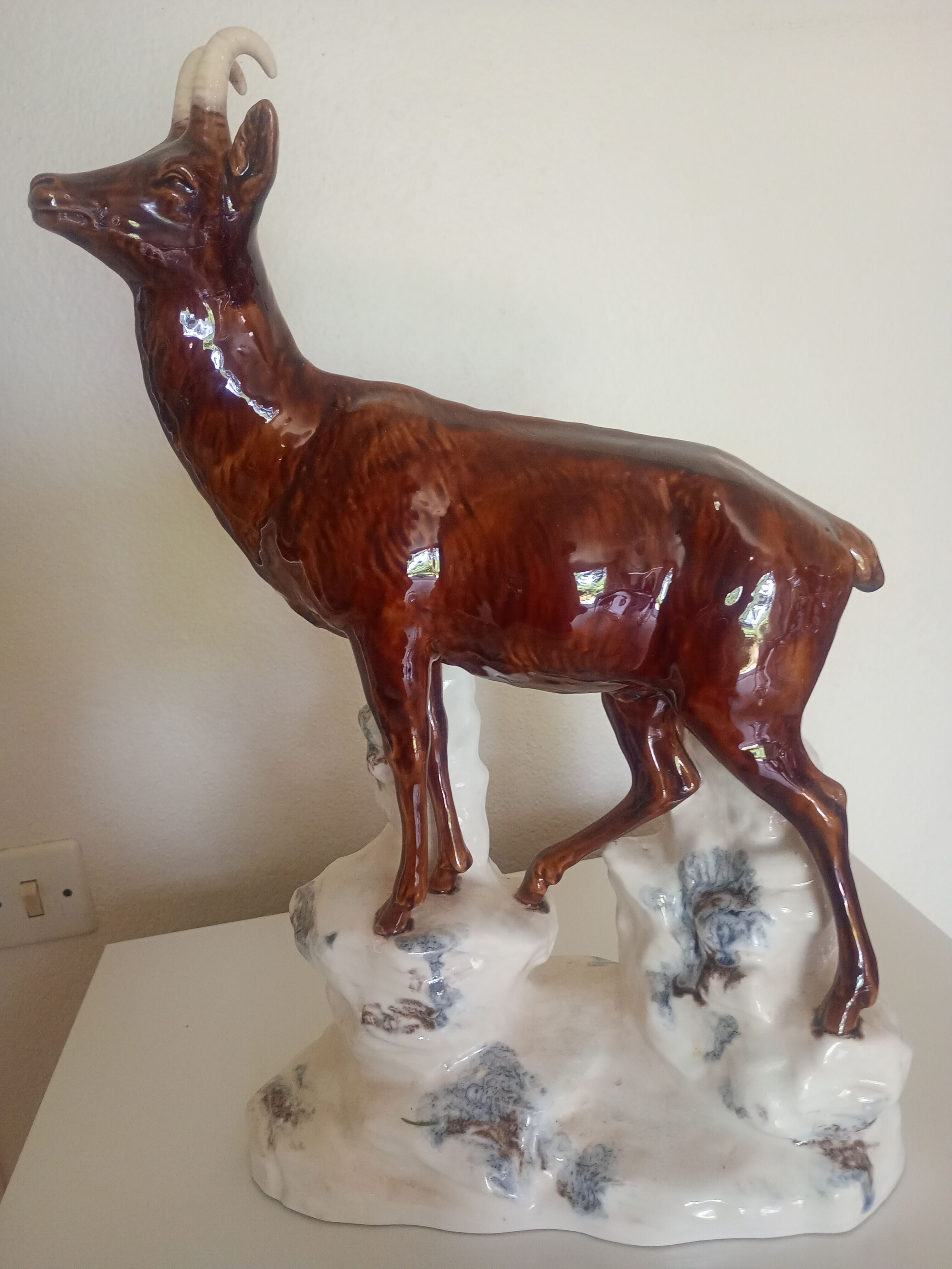Statuette 43cm chamois on a snowy rock - polychrome ceramic