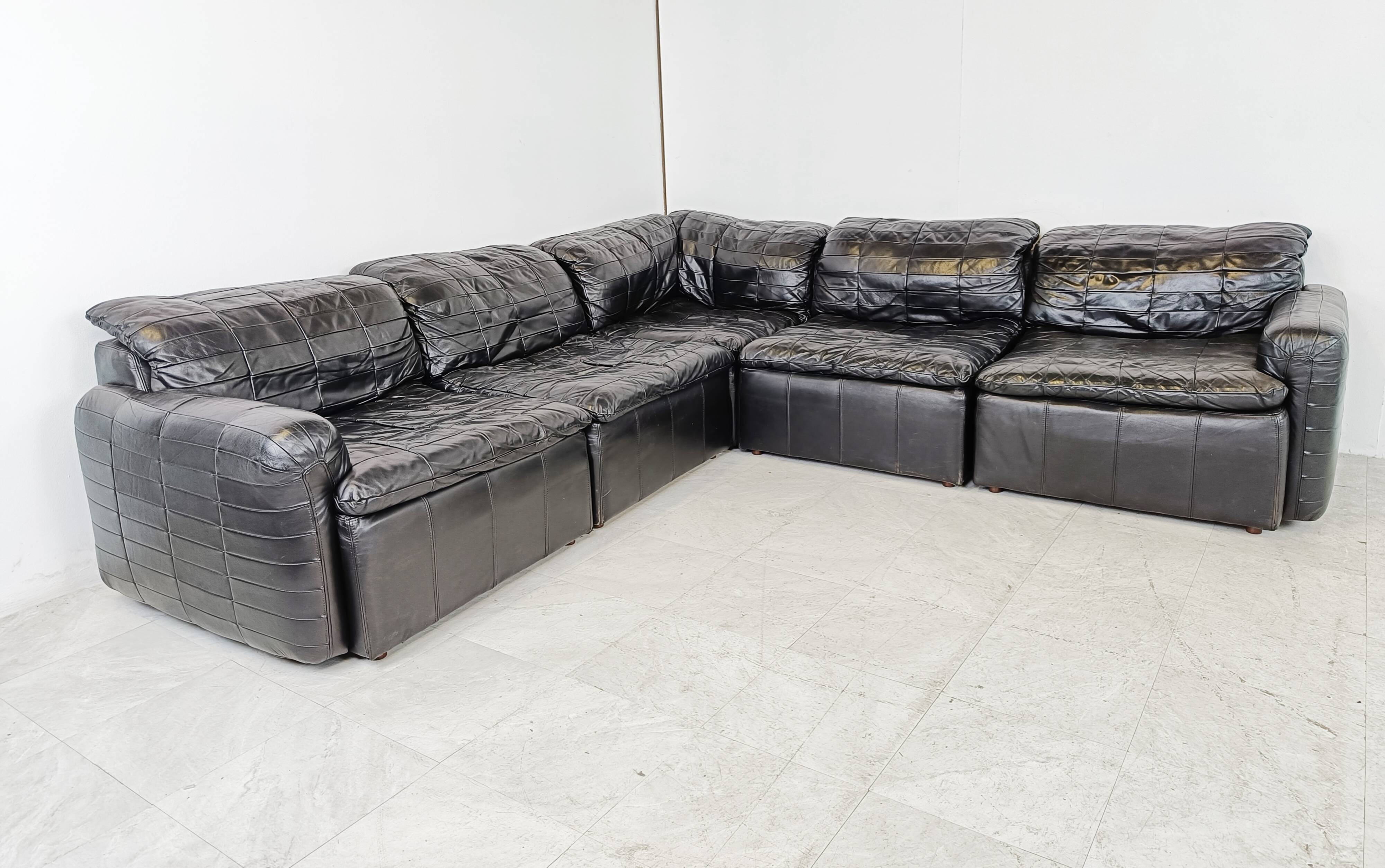 Canapé modulaire en cuir patchwork vintage, années 1970