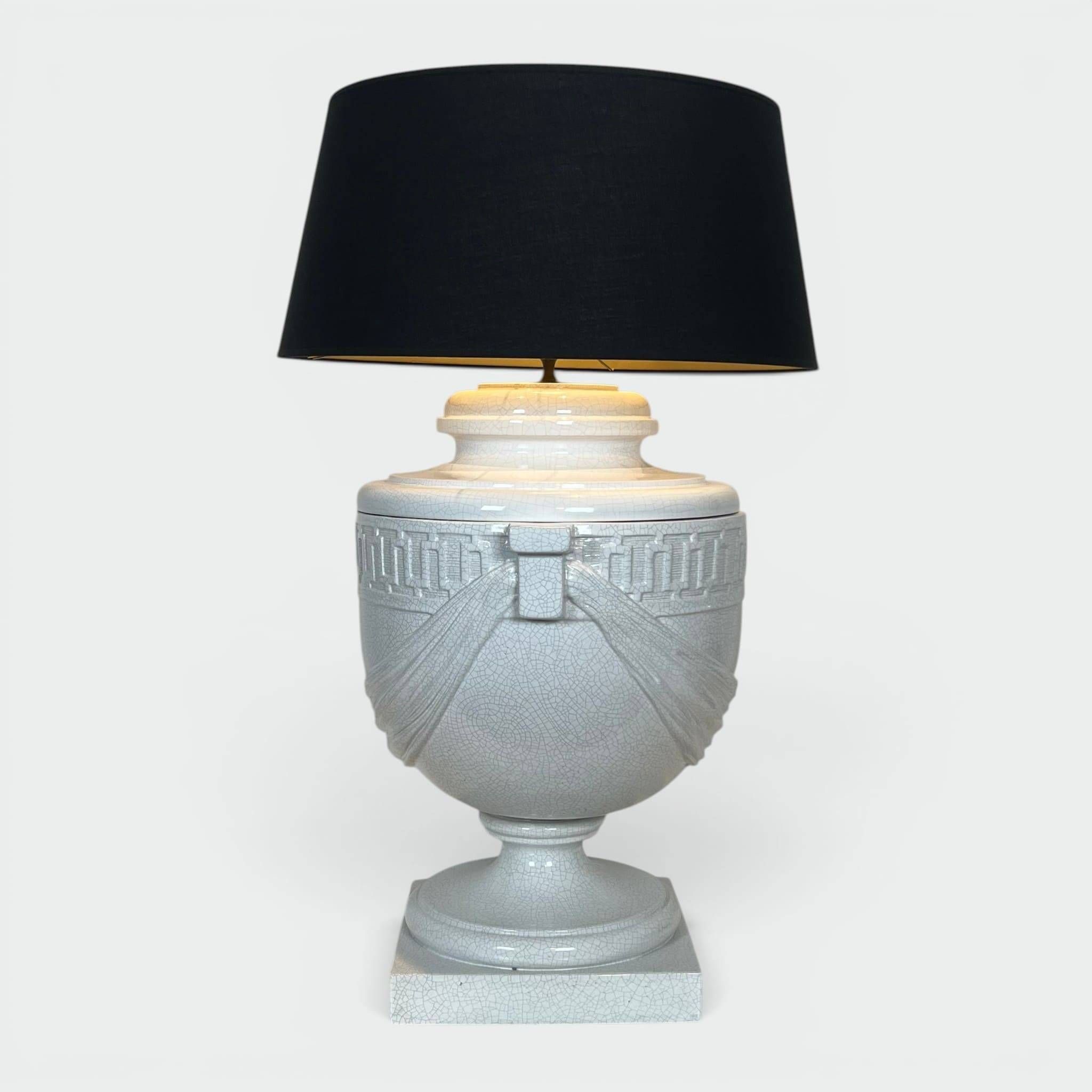 Large White Crackled Ceramic Urn Lamp with Drapery and Greek Frieze.