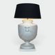 Large White Crackled Ceramic Urn Lamp with Drapery and Greek Frieze.