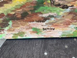Canvas on village scene frame signed vintage Denise