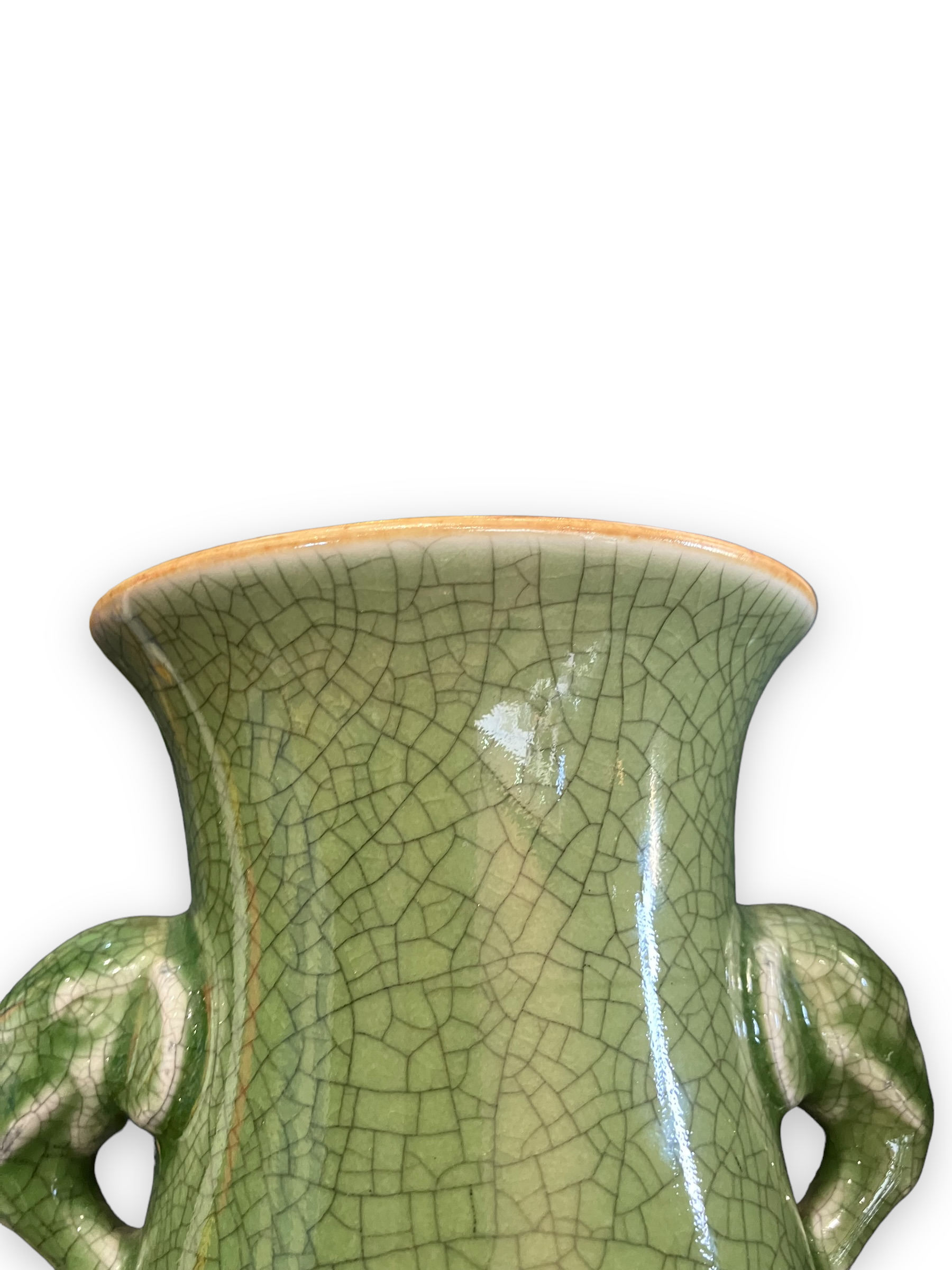 Green cracked ceramic vase Elephant Handles China XXth