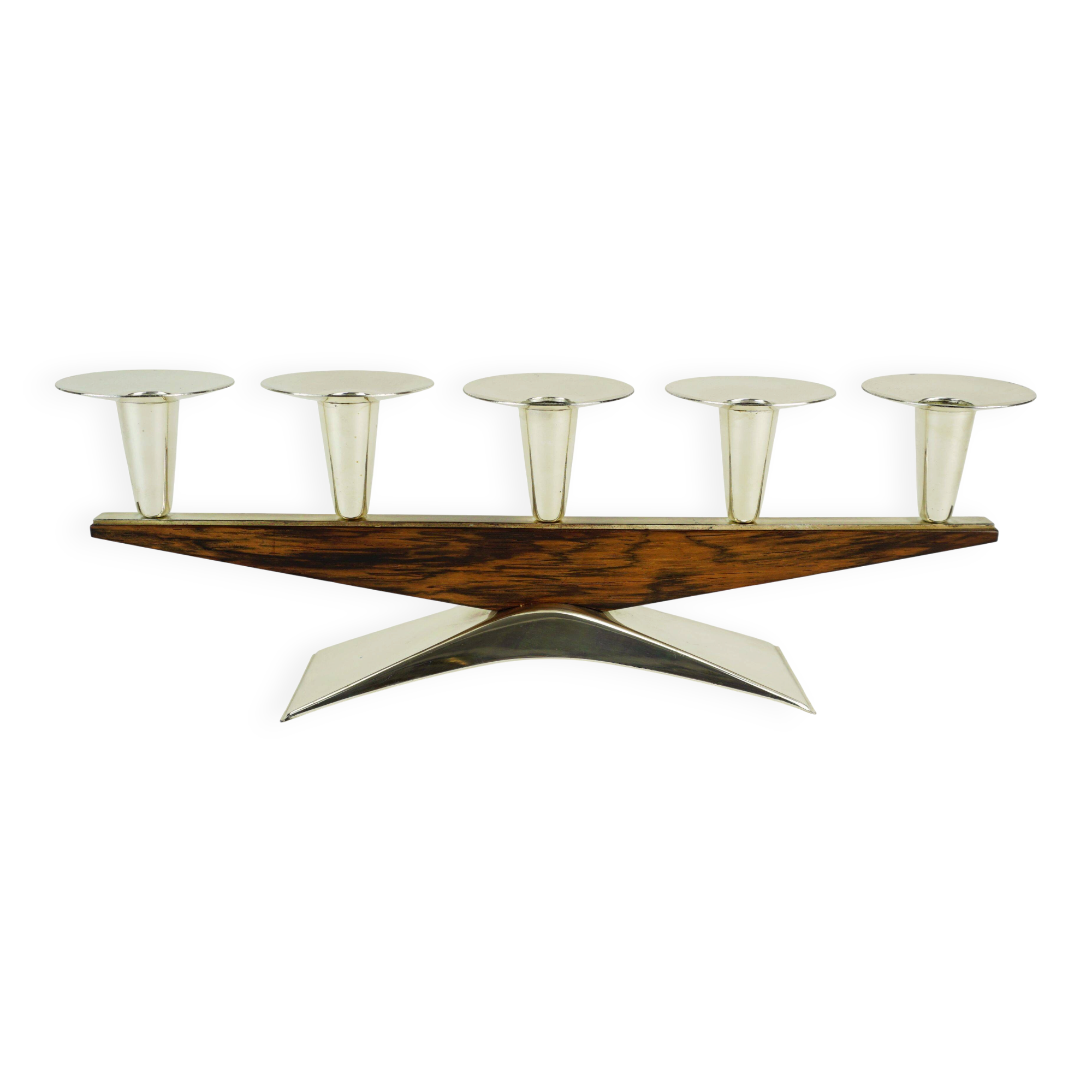 mid century modern CANDLE HOLDER silver-colored metal and wood 1950s 1960s