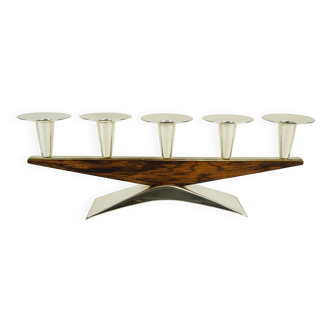 mid century modern CANDLE HOLDER silver-colored metal and wood 1950s 1960s