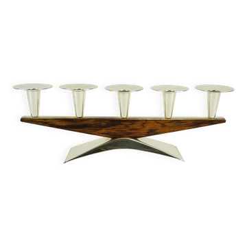 porte-bougie moderne du milieu du siècle en métal argenté et bois des années 1950 1960