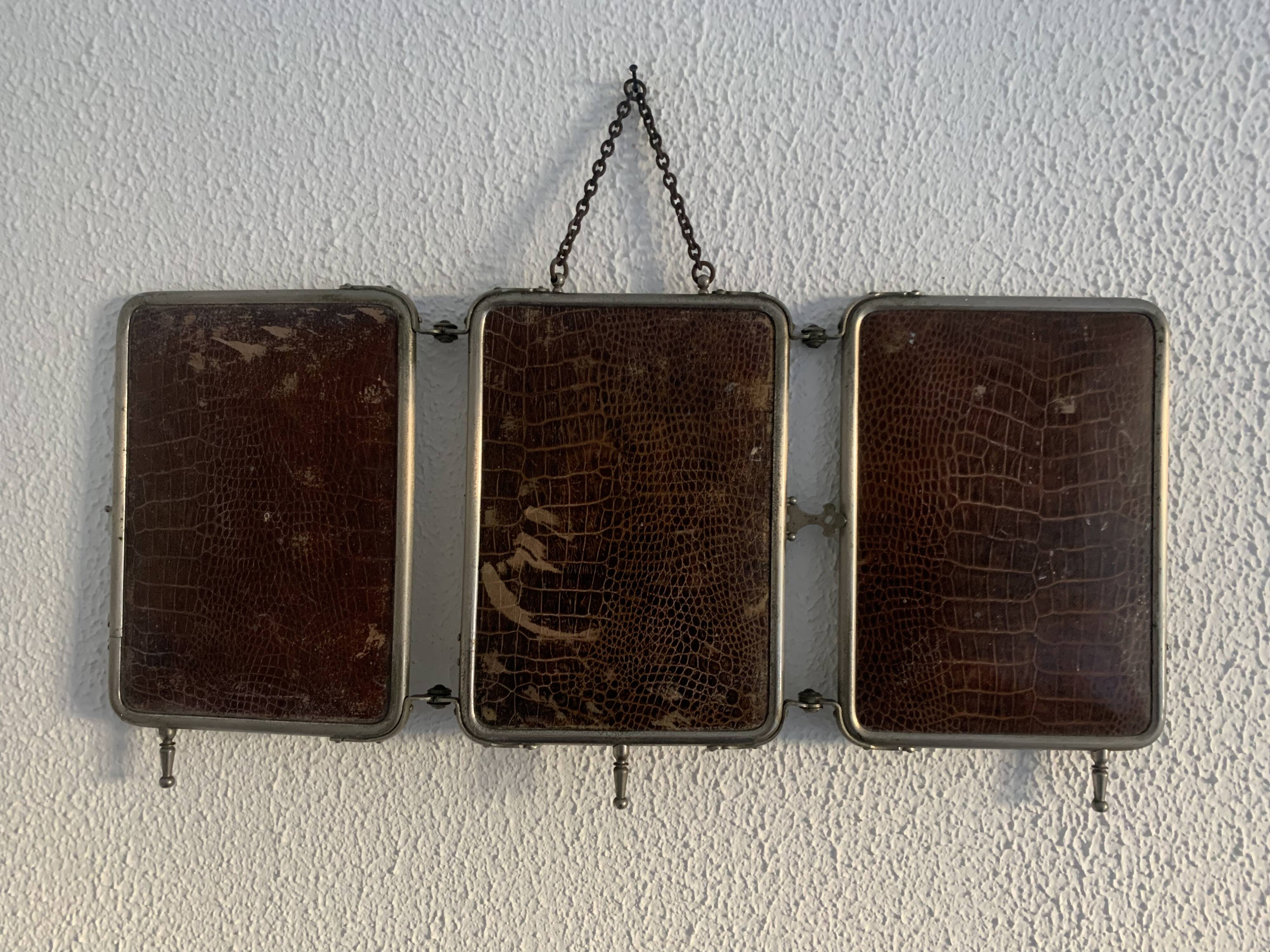 Miroir vintage 1910 triptyque barbier Art Déco armée - 24 x 51 cm