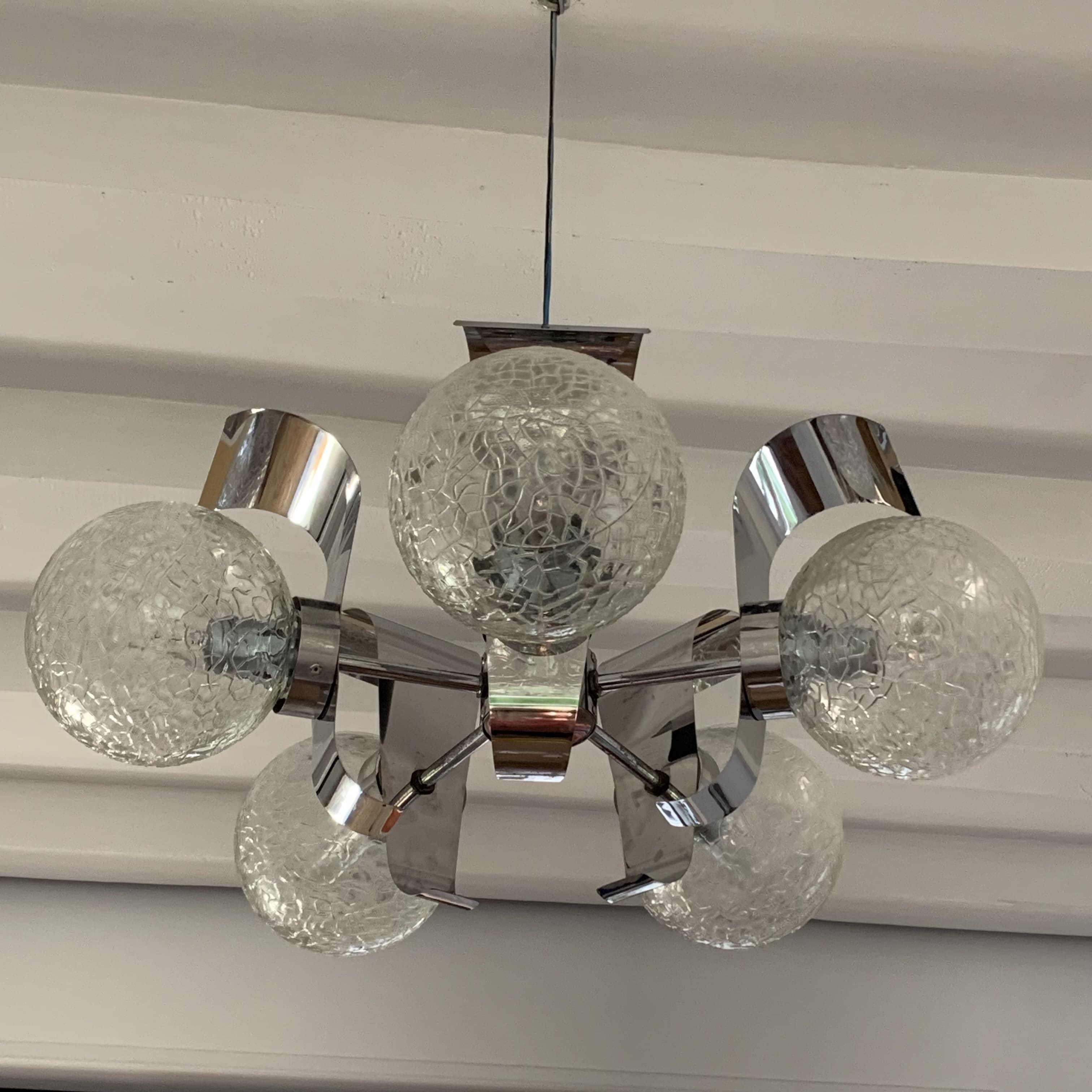 Vintage suspension 5 lights, glass and chrome