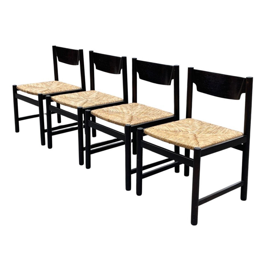 4 vintage dining room chairs with braided seat in wenge wood, 1970s