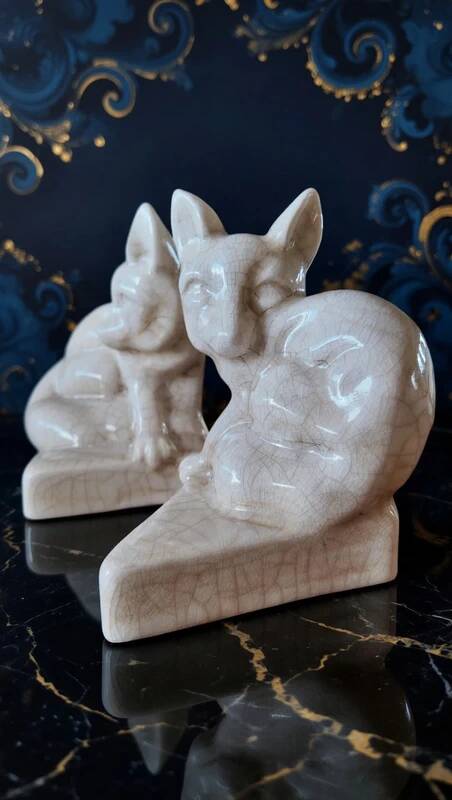 Pair of Fox Bookends - in Crackled Ceramic - Art Deco Style