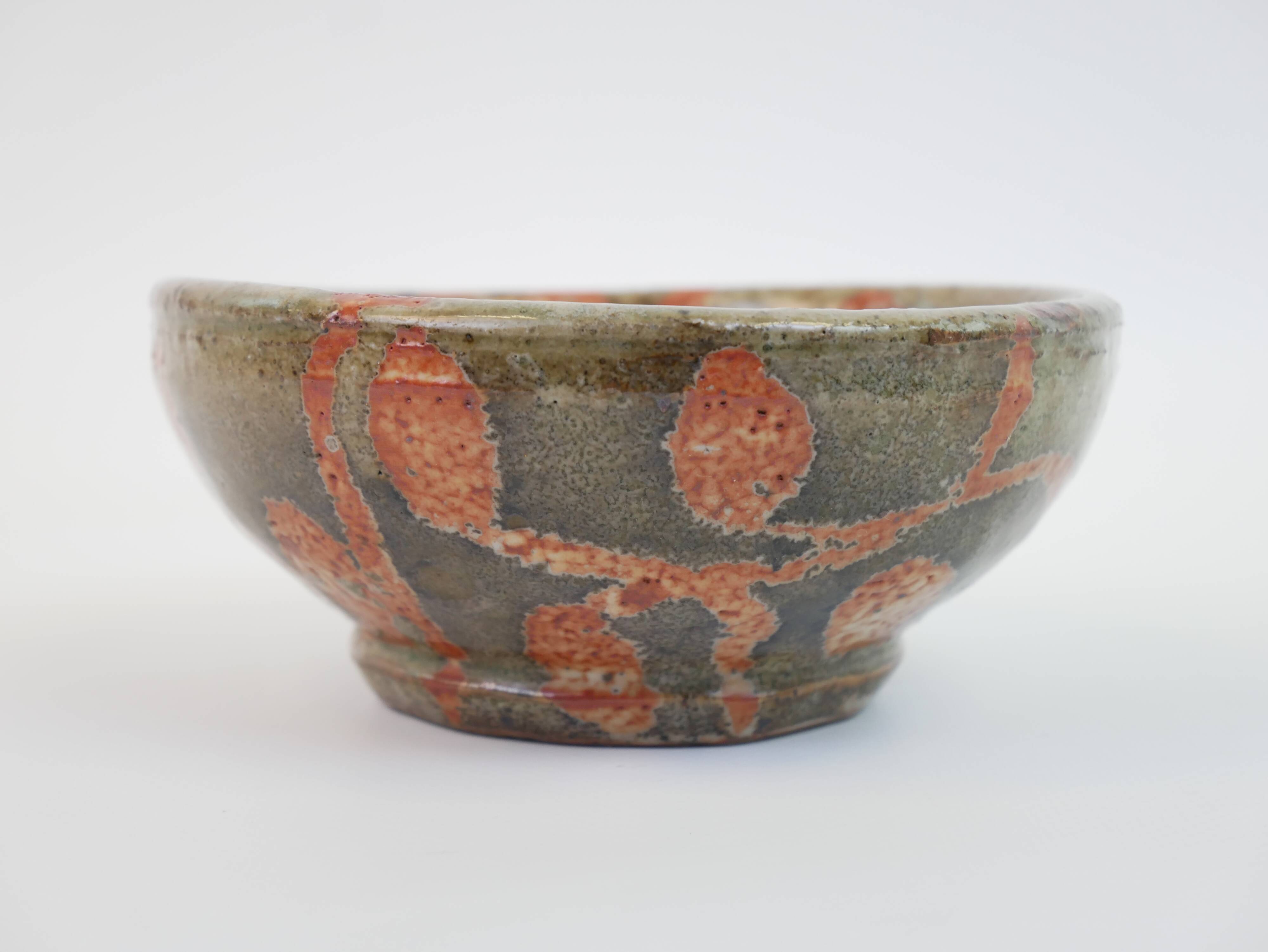 Small bowl in water green glazed ceramic with coral pink pattern