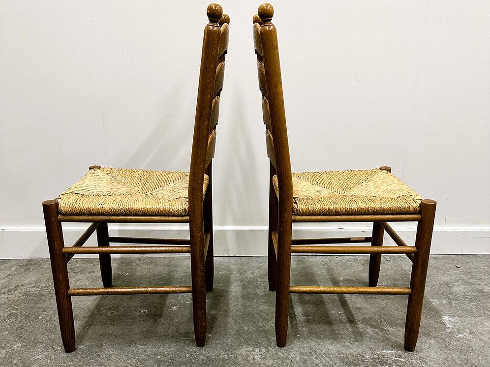 Set of 6 French Provence oak farmhouse country dining chairs with rush seating