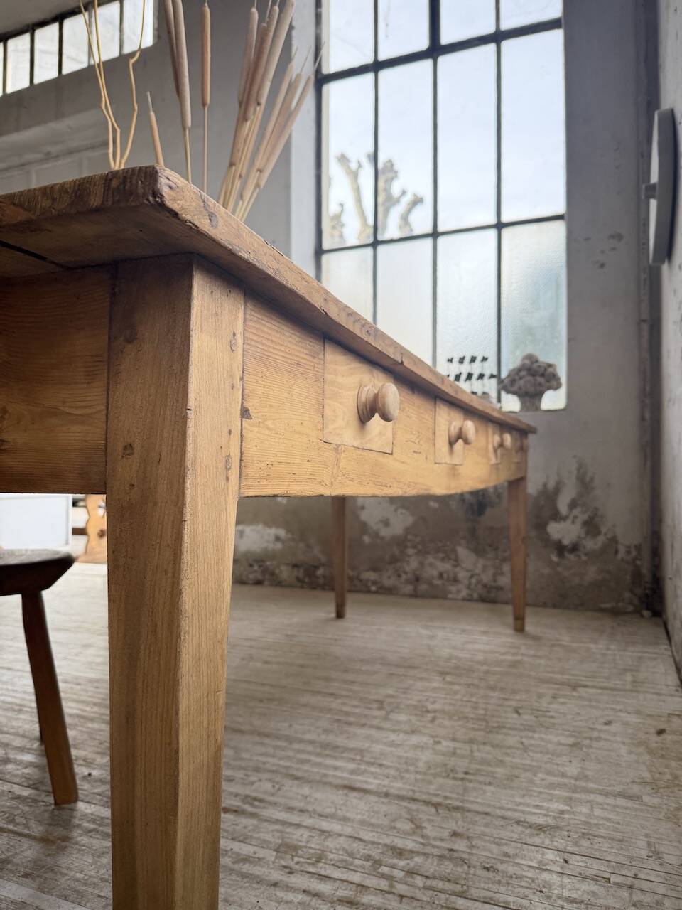 Pine and oak farmhouse table with multiple drawers, communal type, 240cm.