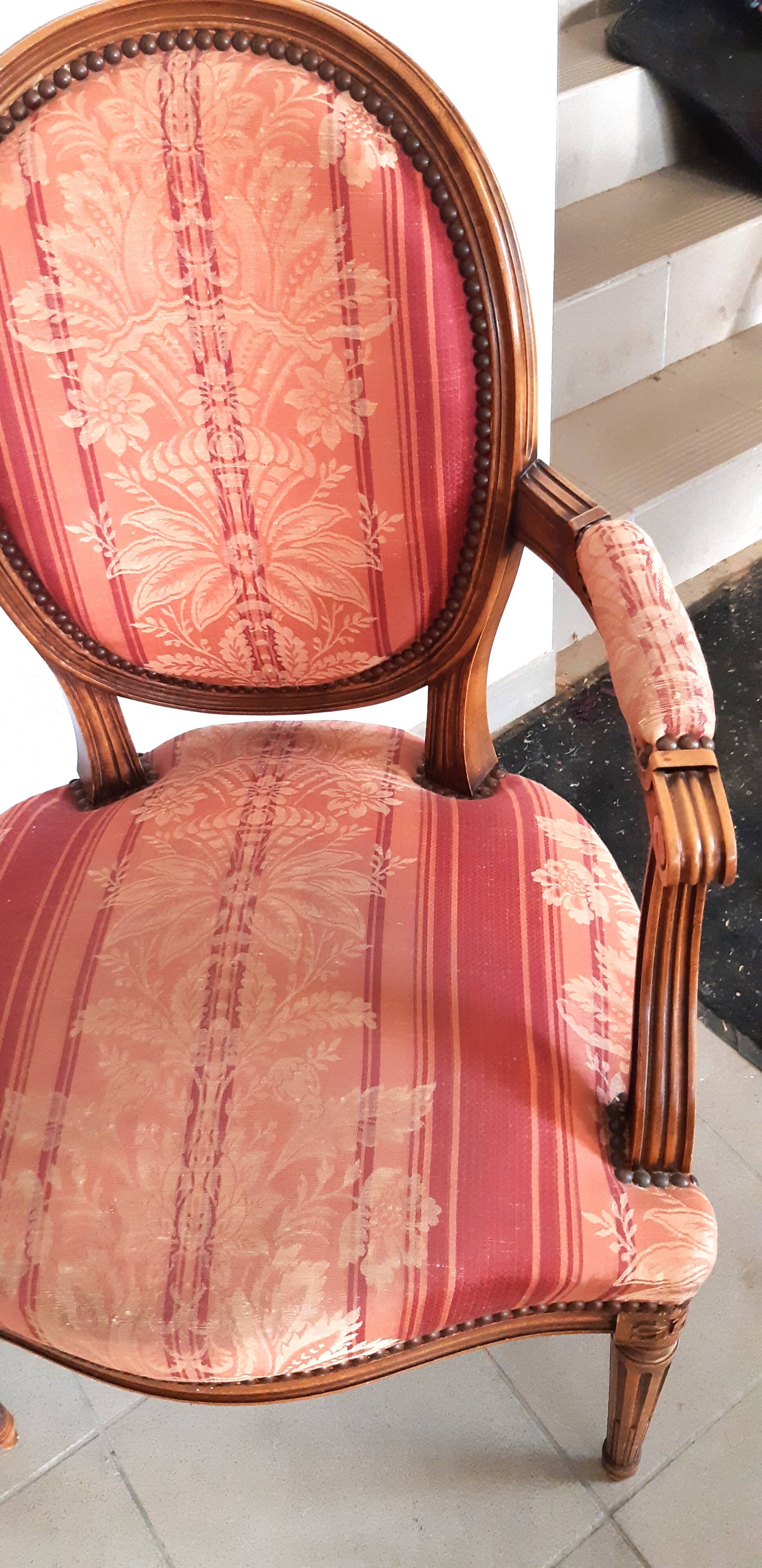 Pair of Louis XVI style cabriolet armchairs with medallion