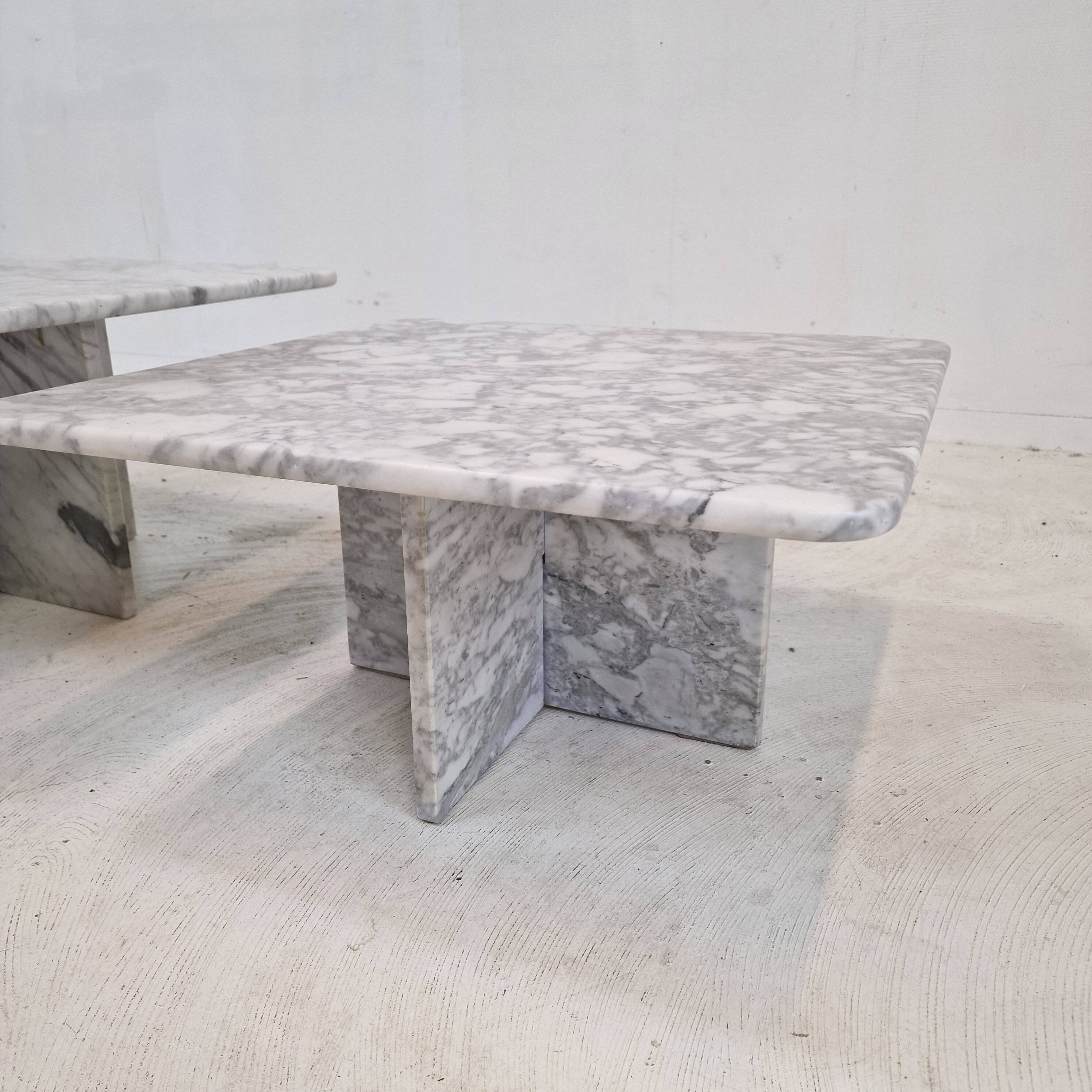 Set of 3 Italian Bianco Carrara Marble Coffee or Side Tables, 1980s