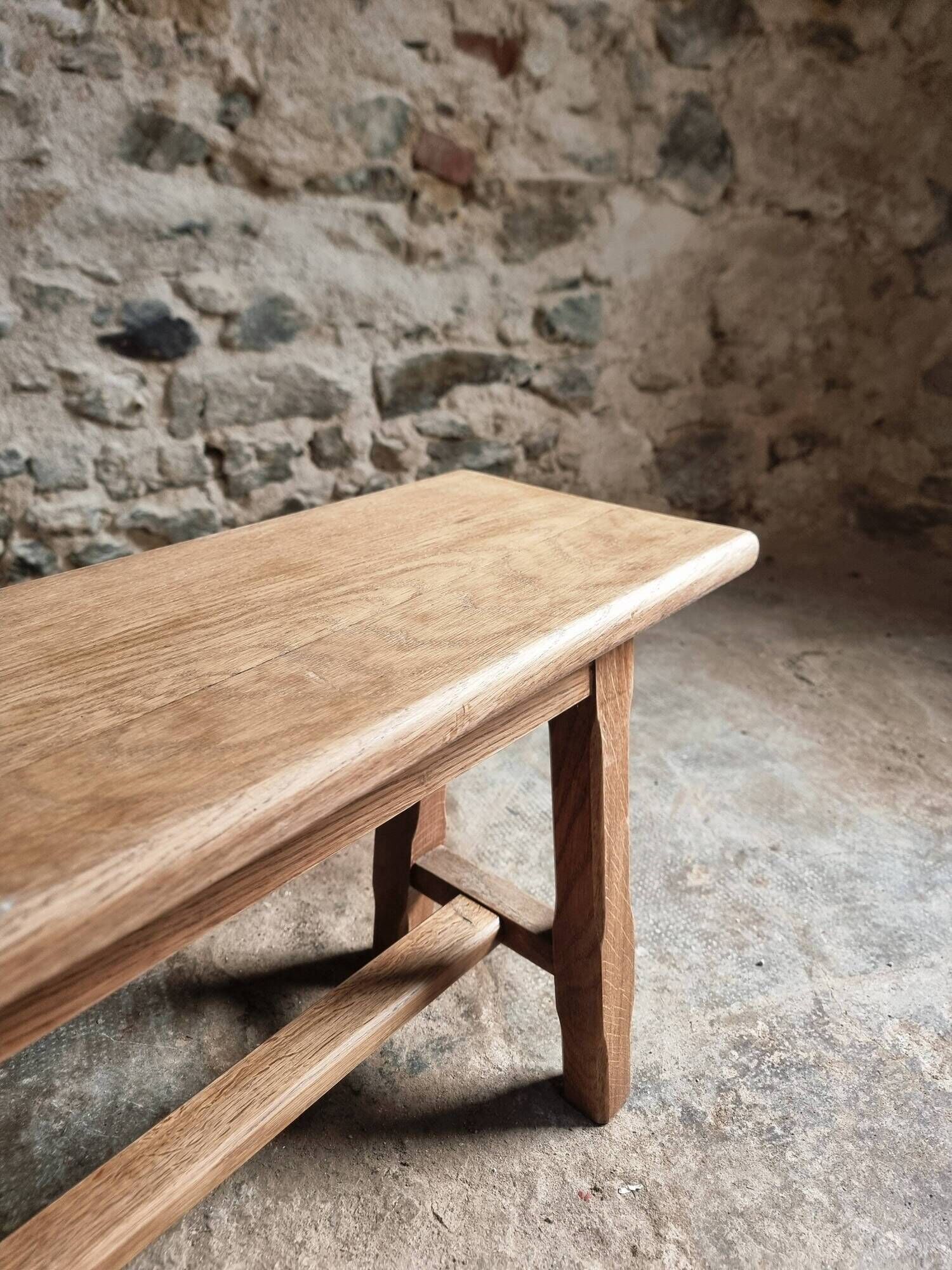 Vintage oak bench, solid wood dining bench, rustic farmhouse bench, French country style, circa 1950–1965.