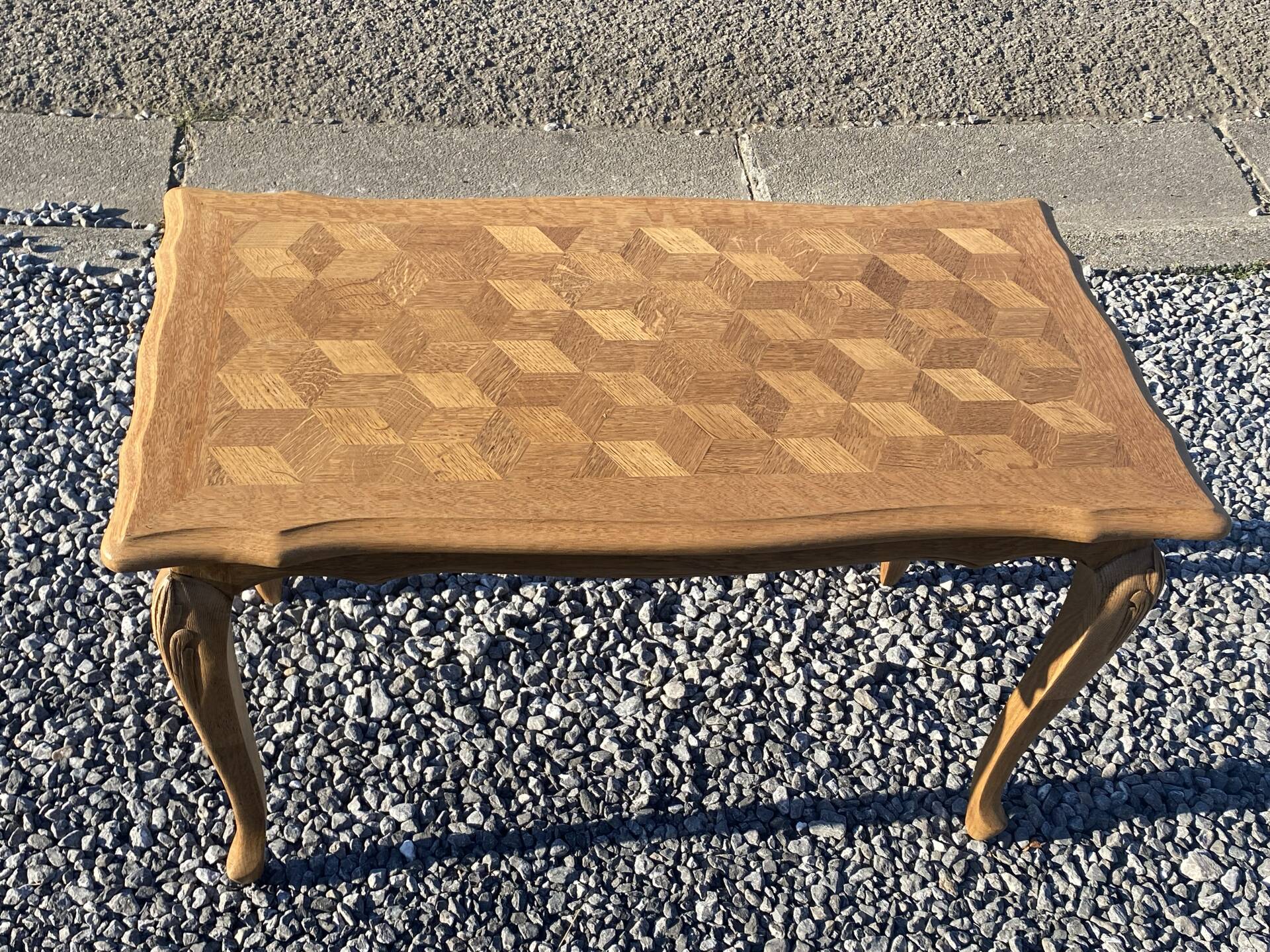 Vintage oak marquetry coffee table, Louis XV style - top motif
