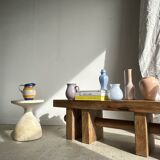 Solid wood bench with openwork base crossed by a cylinder - Mango wood
