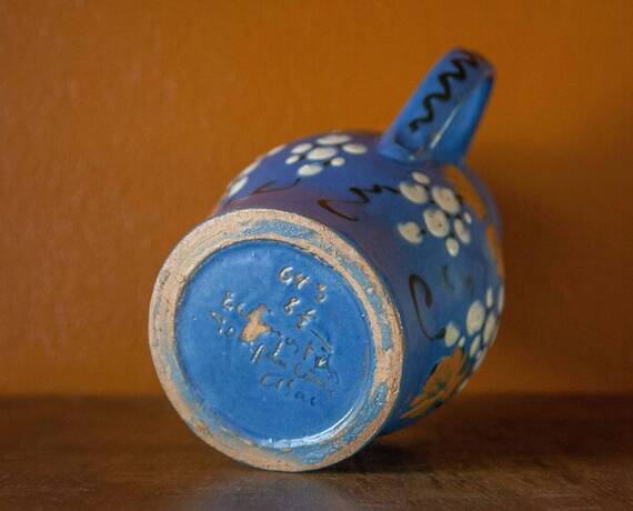 vintage ceramic pitcher, blue ceramic jug, carafe