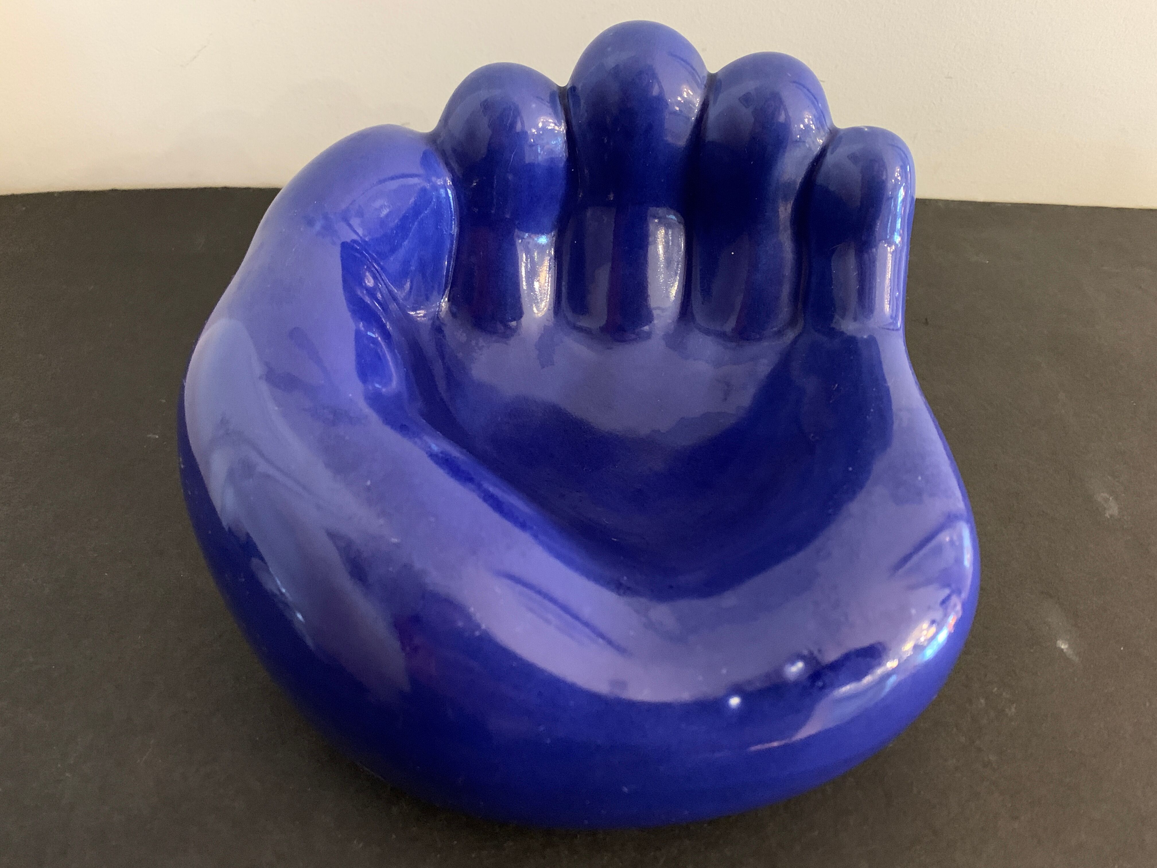 Ceramic ashtray, blue hand shape