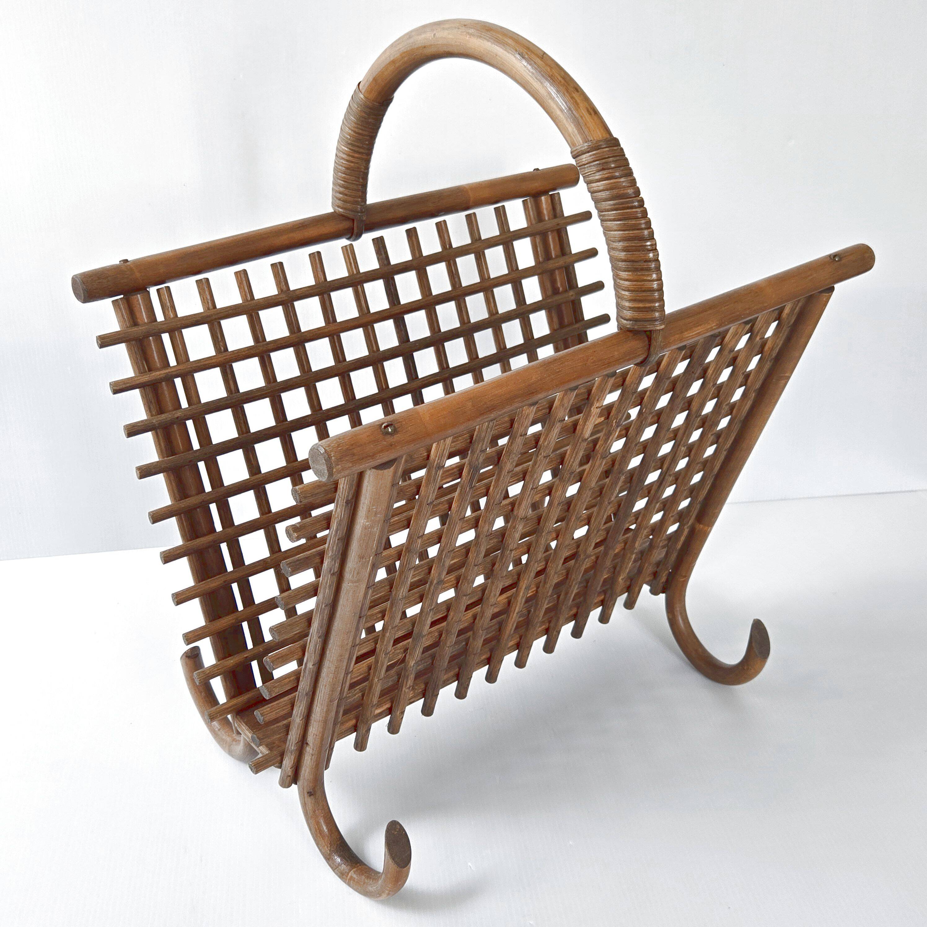Vintage bamboo & rattan magazine rack 1960