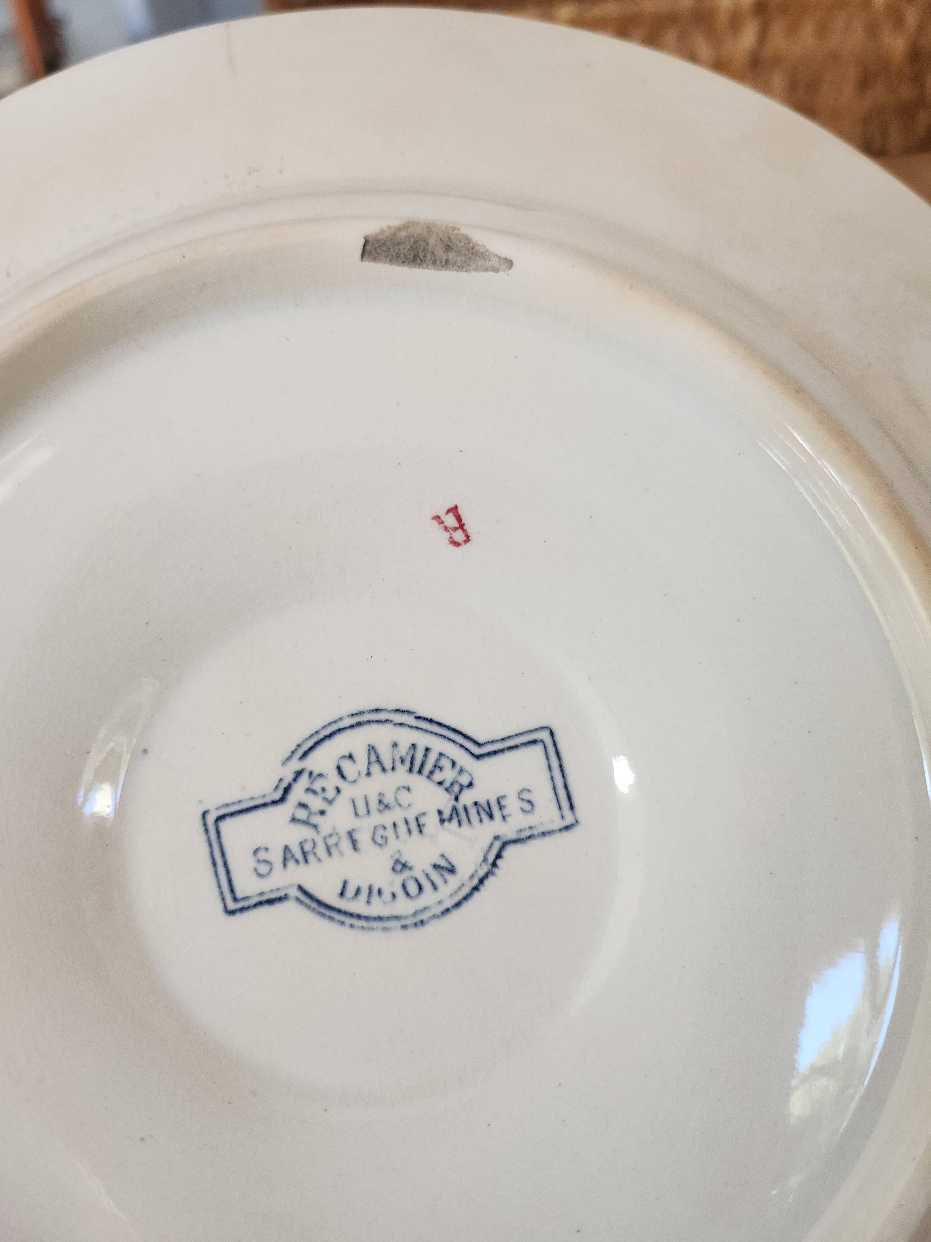 Pair of antique asparagus plates "Récamier" in Terre de Fer, Sarregue