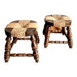 Pair of wood and straw fireplace stools 1950