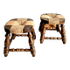 Pair of wood and straw fireplace stools 1950