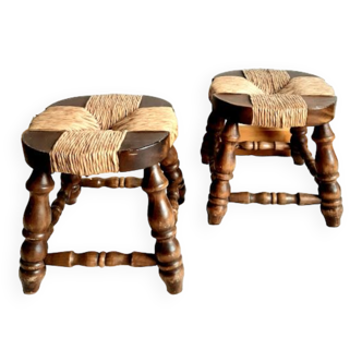 Pair of wood and straw fireplace stools 1950