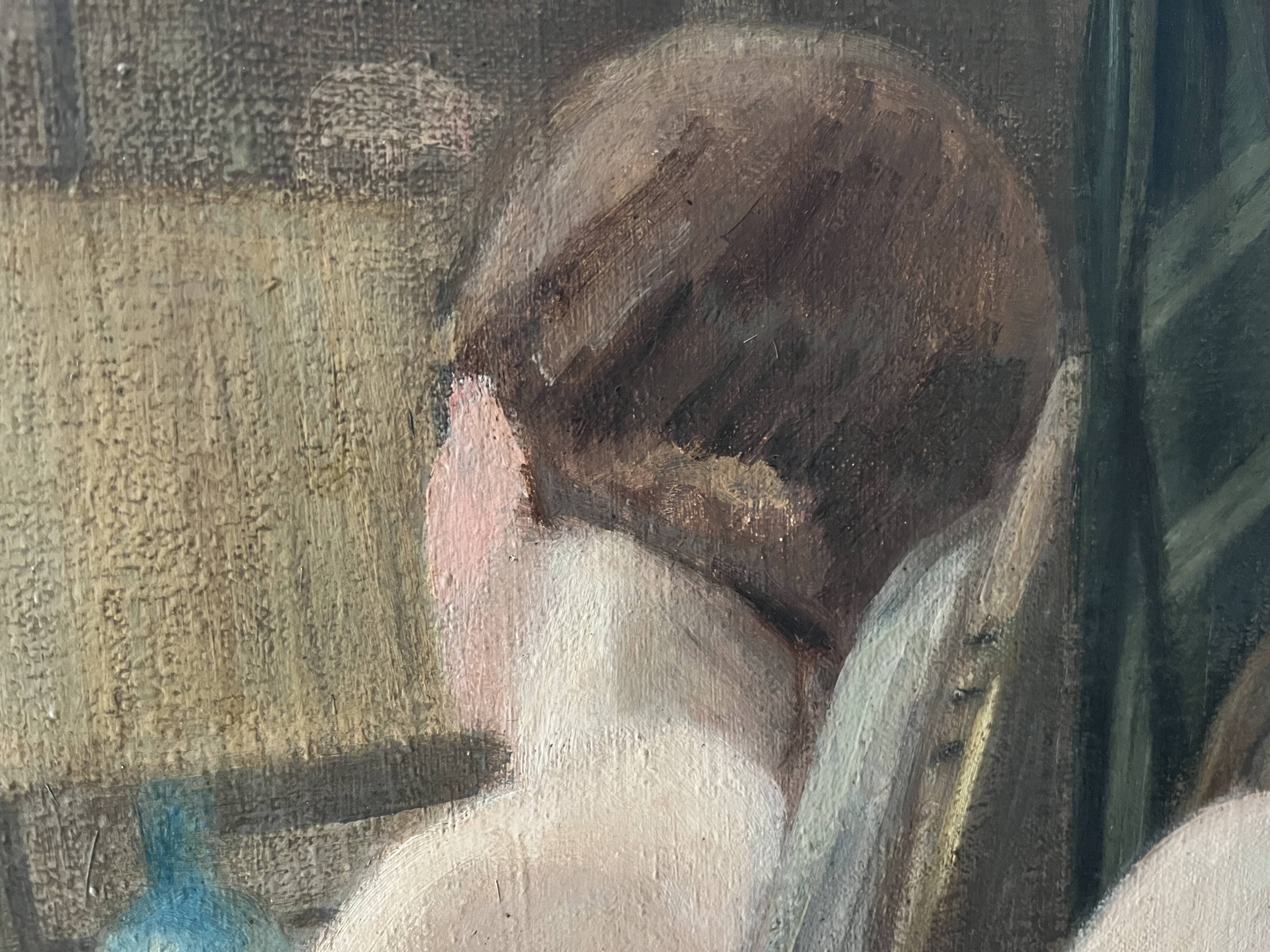 Oil painting on canvas of a nude woman in Art Deco style, old portrait.